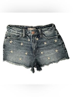 SO Star Print Denim Shorts Size 7/28 High Rise Raw Hem